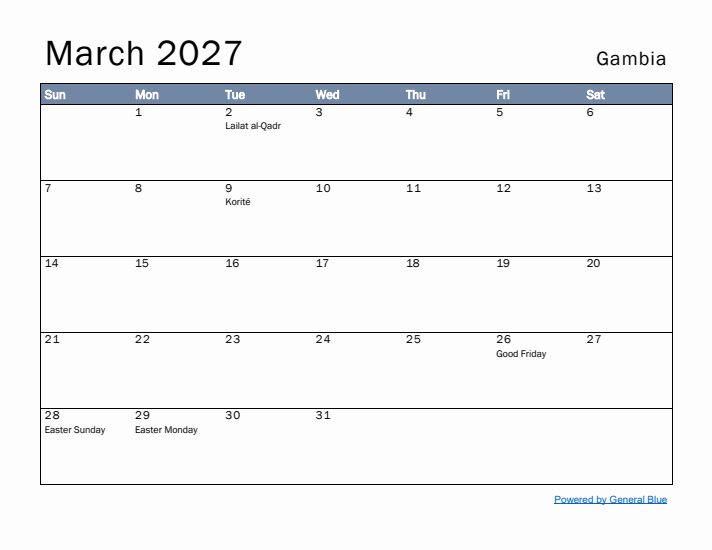 March 2027 Simple Monthly Calendar for Gambia