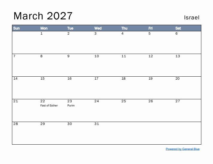 March 2027 Simple Monthly Calendar for Israel