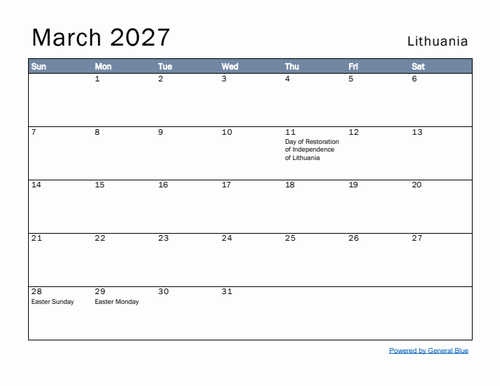 March 2027 Simple Monthly Calendar for Lithuania