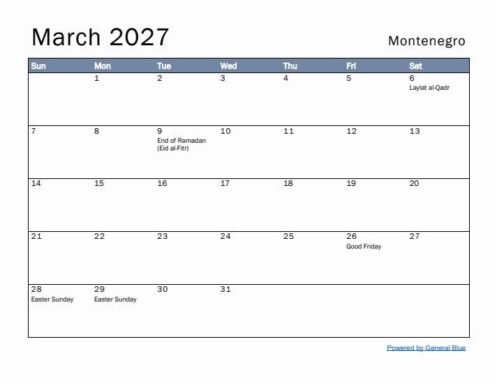 March 2027 Simple Monthly Calendar for Montenegro