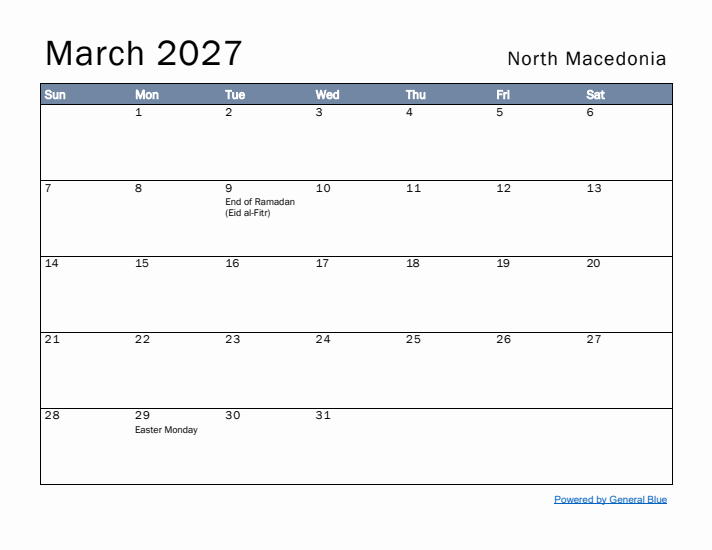 March 2027 Simple Monthly Calendar for North Macedonia