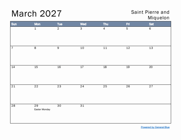 March 2027 Simple Monthly Calendar for Saint Pierre and Miquelon