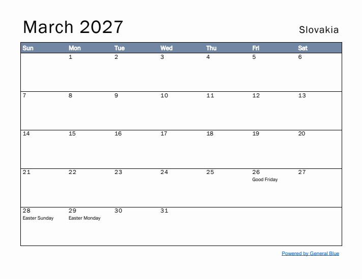 March 2027 Simple Monthly Calendar for Slovakia