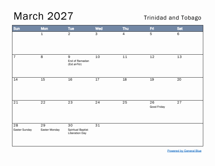 March 2027 Simple Monthly Calendar for Trinidad and Tobago