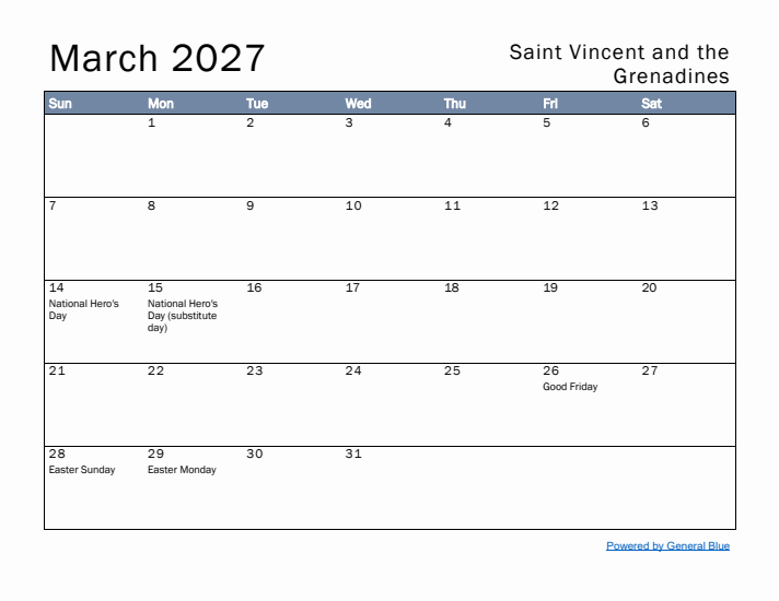 March 2027 Simple Monthly Calendar for Saint Vincent and the Grenadines