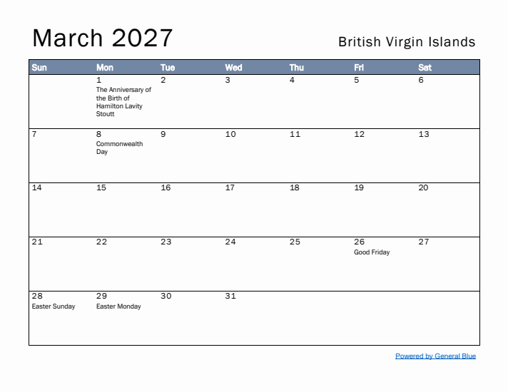 March 2027 Simple Monthly Calendar for British Virgin Islands