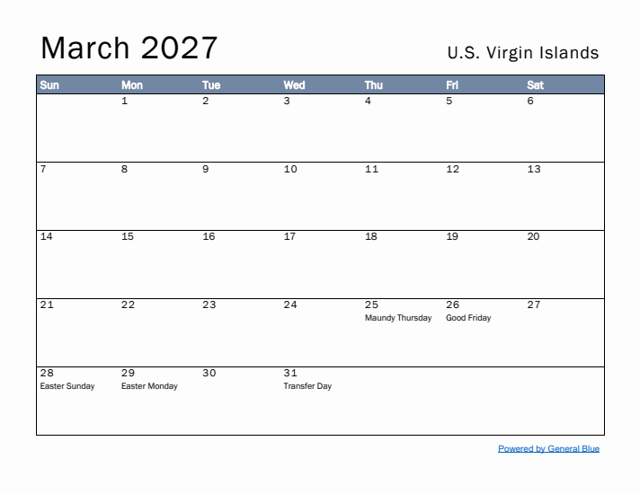 March 2027 Simple Monthly Calendar for U.S. Virgin Islands