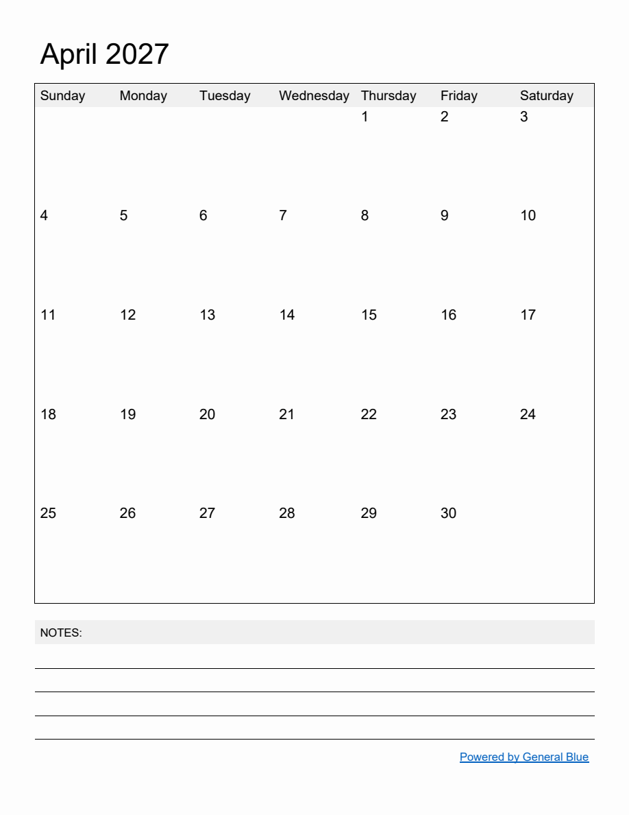 Free Printable Monthly Calendar for April 2027