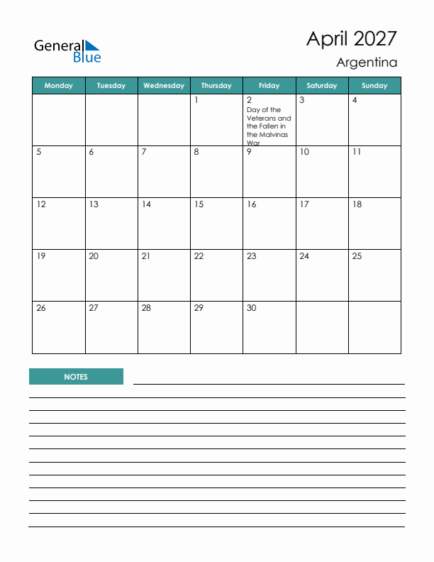 Calendar with Notes Printable - Monday Start
