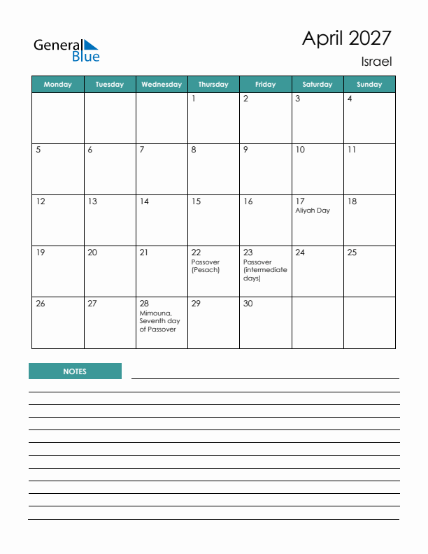 Calendar with Notes Printable - Monday Start