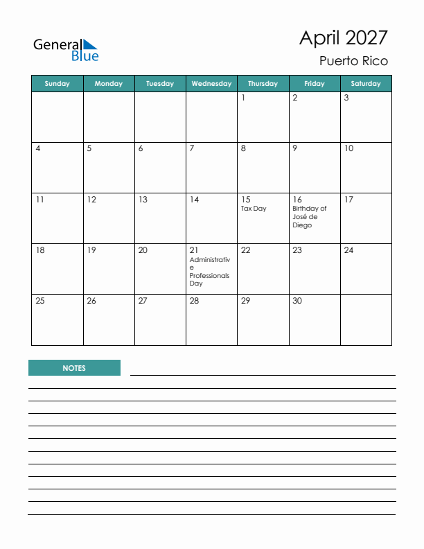 Calendar with Notes Printable - Sunday Start