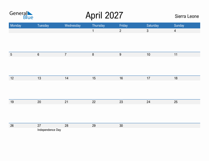 Fillable April 2027 Calendar