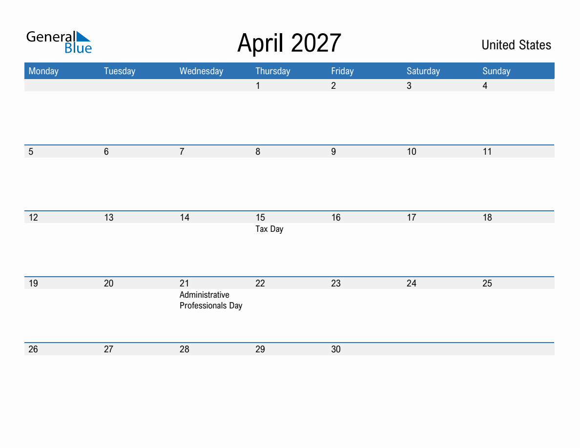 Editable April 2027 Calendar with United States Holidays (Monday Start)