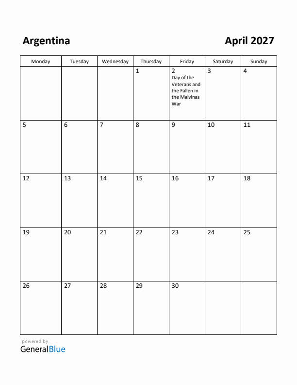 April 2027 Calendar with Argentina Holidays