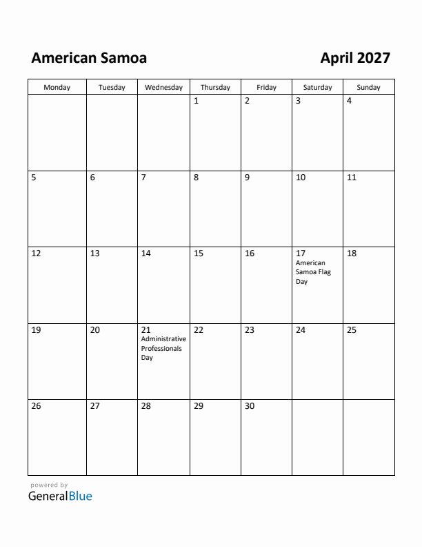 April 2027 Calendar with American Samoa Holidays