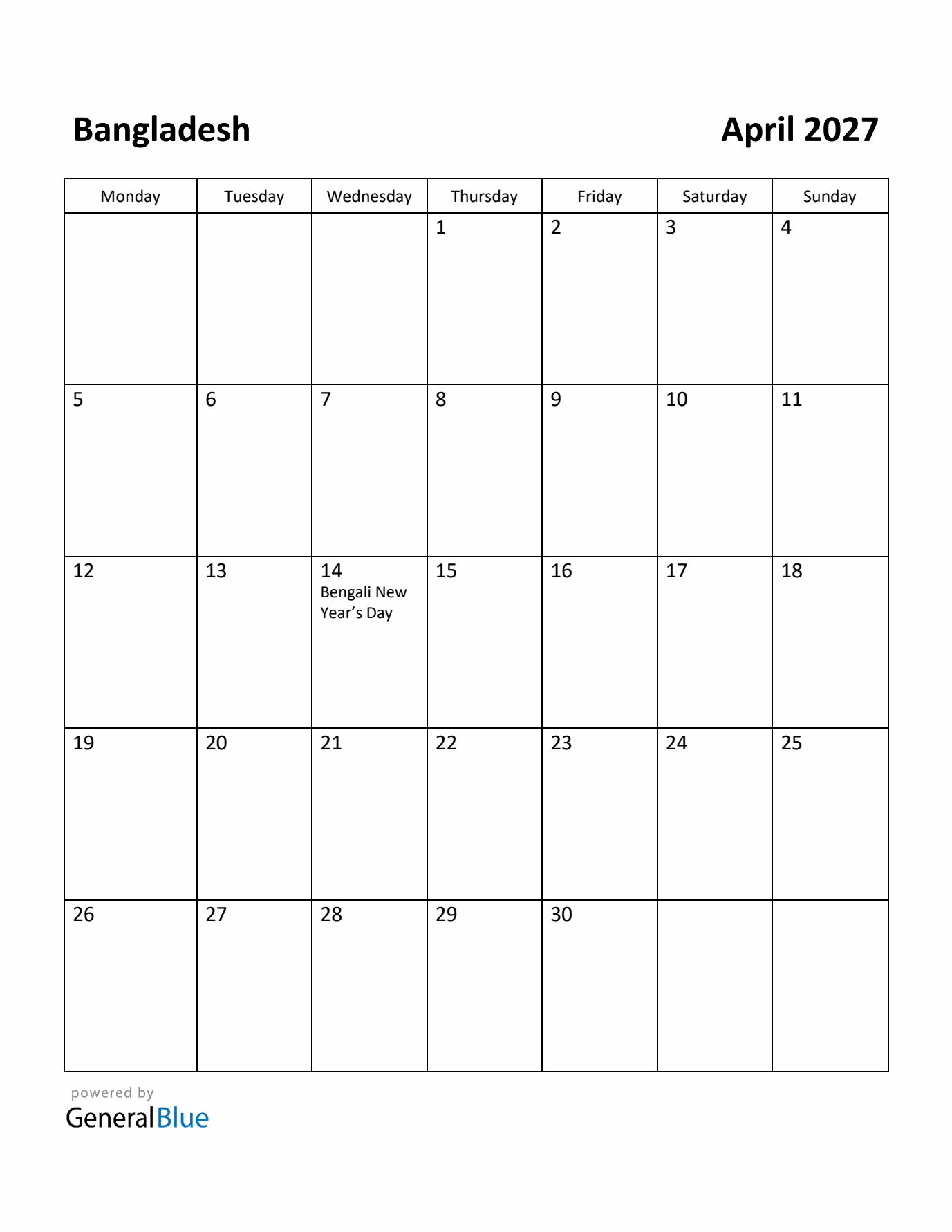 April 2027 Calendar with Bangladesh Holidays
