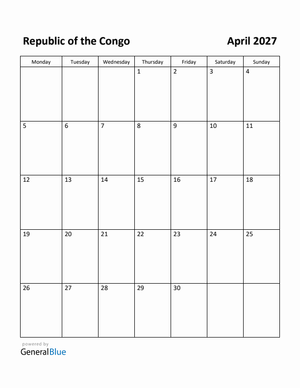 April 2027 Calendar with Republic of the Congo Holidays