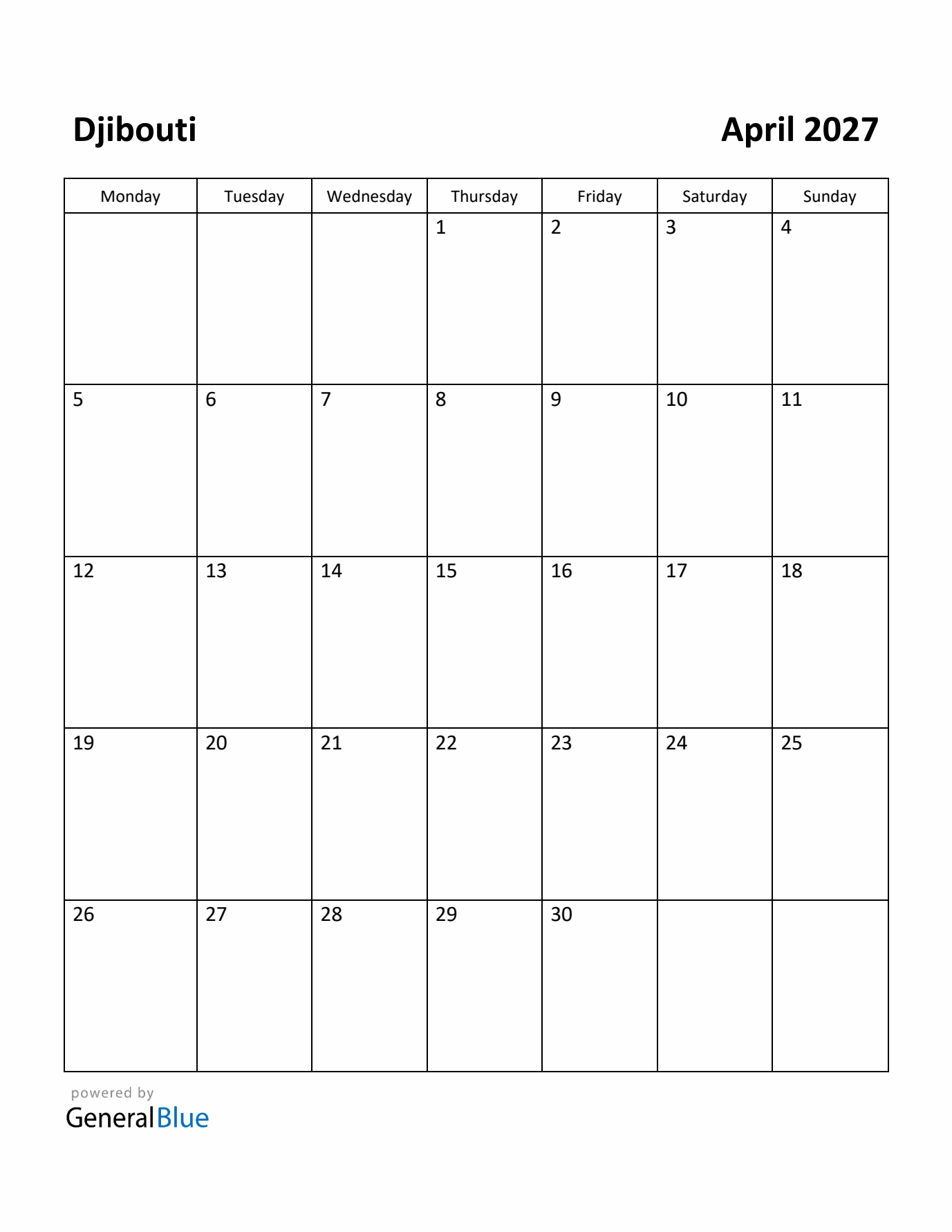 April 2027 Calendar with Djibouti Holidays