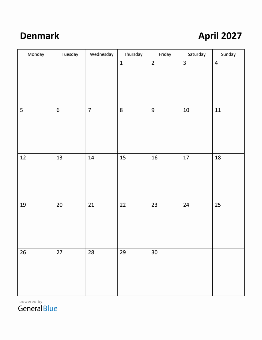 Free Printable April 2027 Calendar for Denmark (Monday Start)