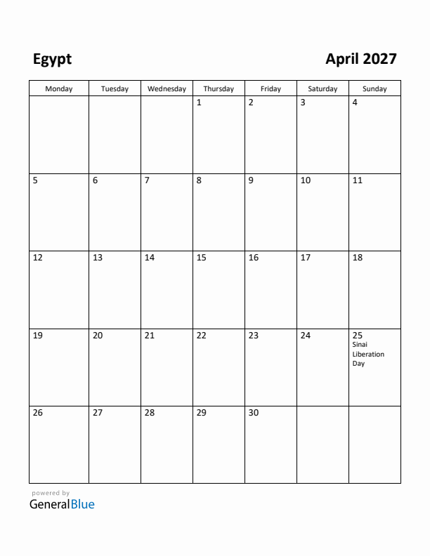 April 2027 Calendar with Egypt Holidays
