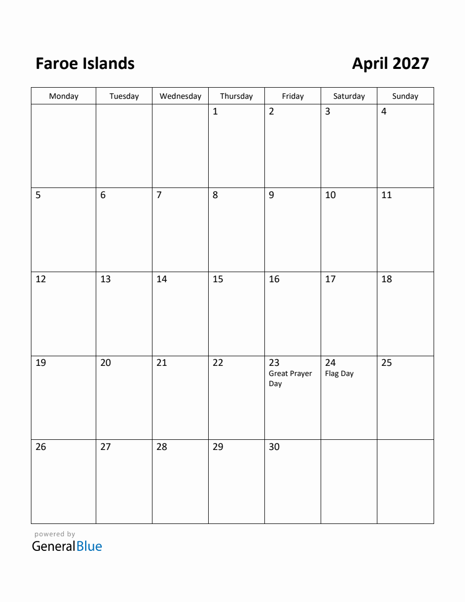 Free Printable April 2027 Calendar for Faroe Islands (Monday Start)