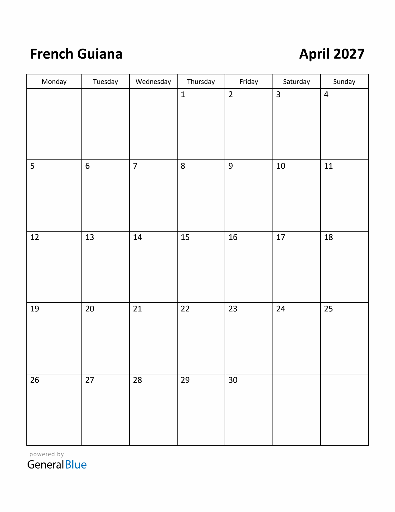 April 2027 Calendar with French Guiana Holidays