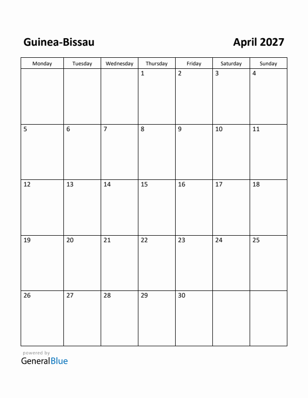 April 2027 Calendar with Guinea-Bissau Holidays