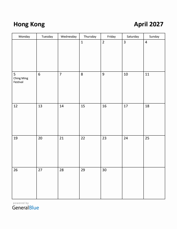 April 2027 Calendar with Hong Kong Holidays