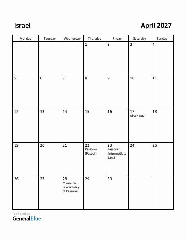 April 2027 Calendar with Israel Holidays