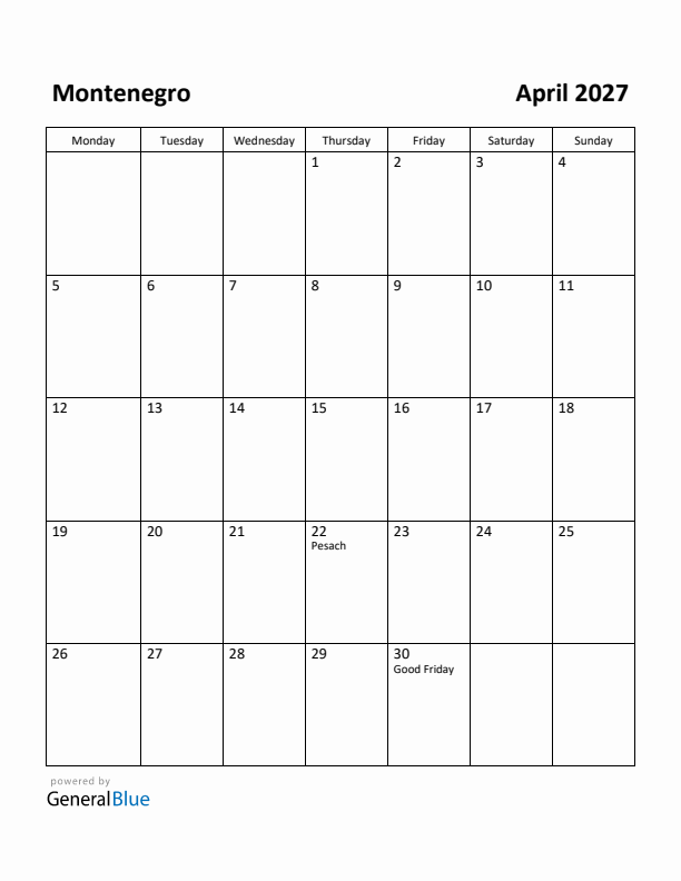 April 2027 Calendar with Montenegro Holidays