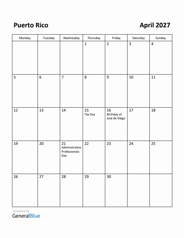April 2027 Calendar with Puerto Rico Holidays