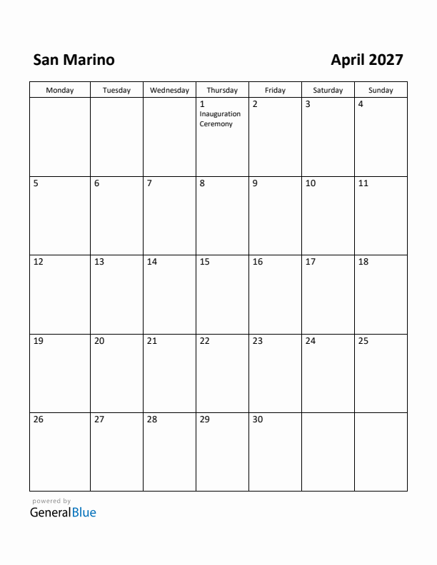 April 2027 Calendar with San Marino Holidays