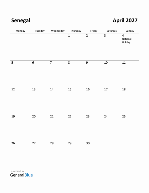April 2027 Calendar with Senegal Holidays