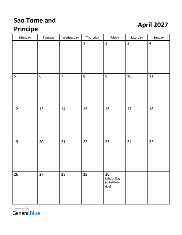 April 2027 Calendar with Sao Tome and Principe Holidays
