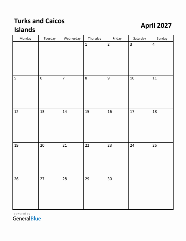 April 2027 Calendar with Turks and Caicos Islands Holidays
