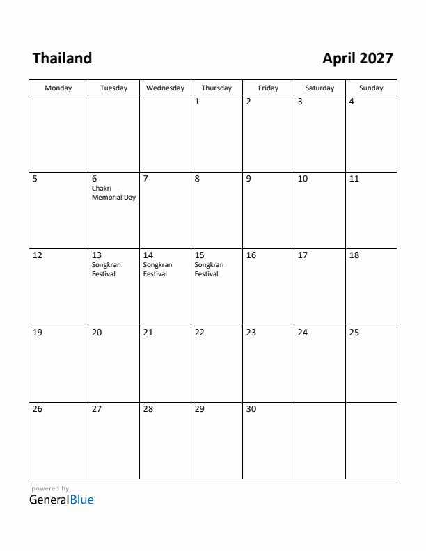 April 2027 Calendar with Thailand Holidays