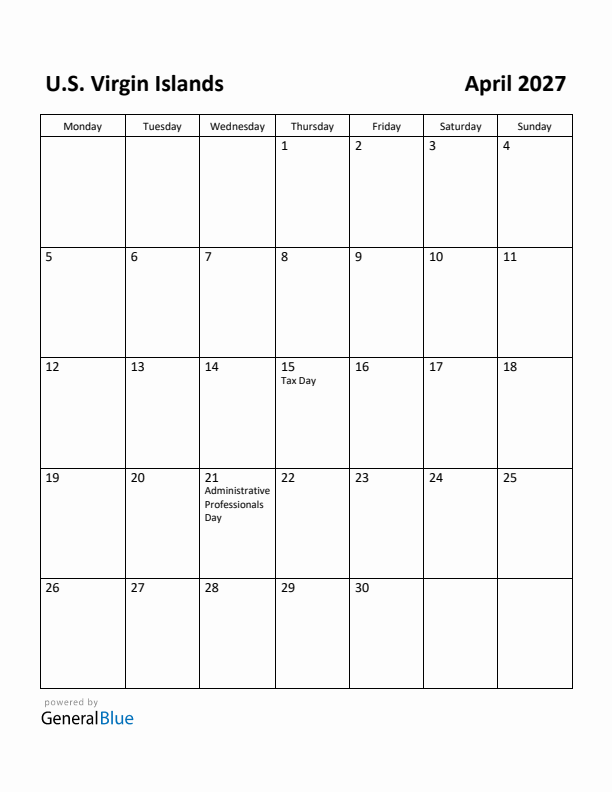 April 2027 Calendar with U.S. Virgin Islands Holidays