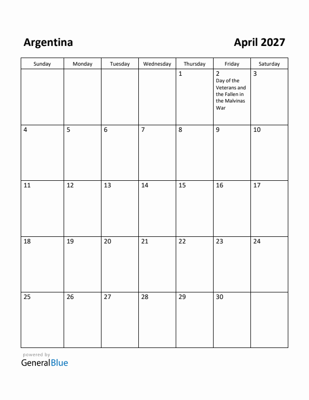 April 2027 Calendar with Argentina Holidays