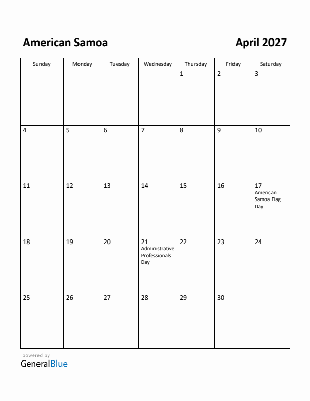 April 2027 Calendar with American Samoa Holidays
