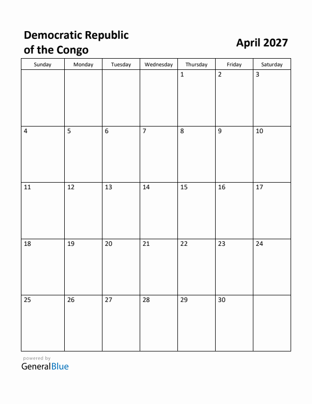April 2027 Calendar with Democratic Republic of the Congo Holidays