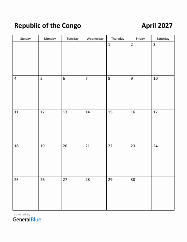 April 2027 Calendar with Republic of the Congo Holidays