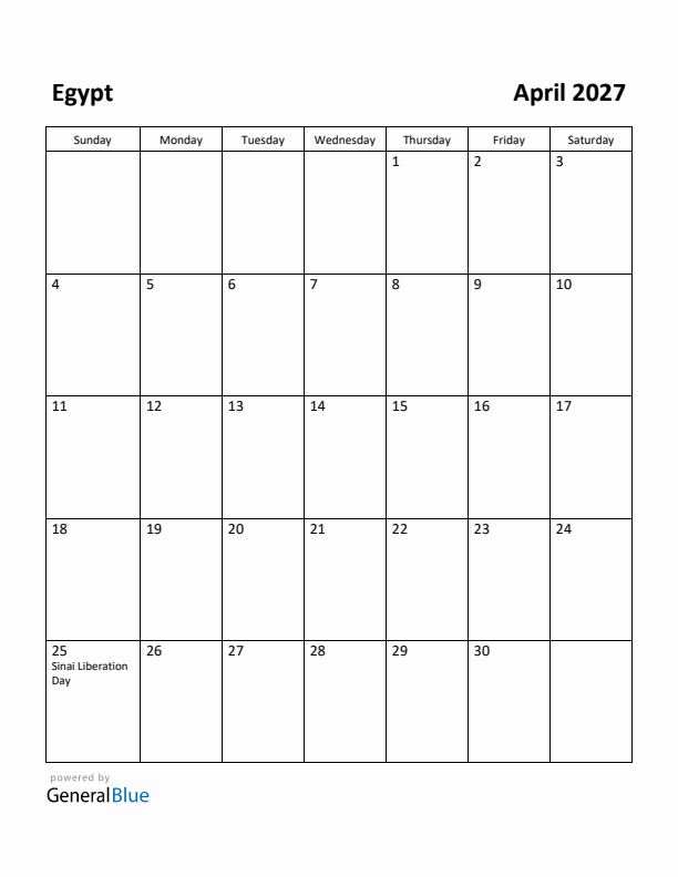 April 2027 Calendar with Egypt Holidays