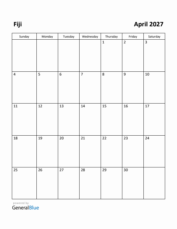 April 2027 Calendar with Fiji Holidays
