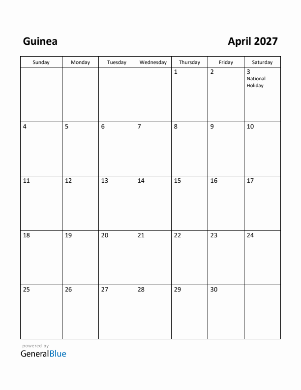 April 2027 Calendar with Guinea Holidays