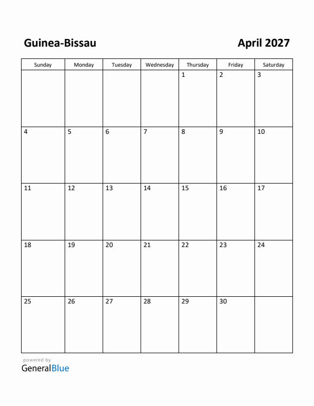 April 2027 Calendar with Guinea-Bissau Holidays
