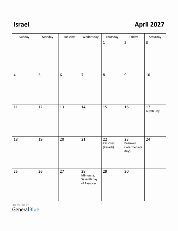 April 2027 Calendar with Israel Holidays