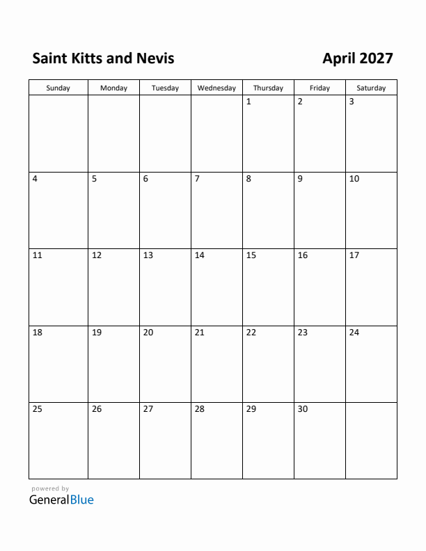 April 2027 Calendar with Saint Kitts and Nevis Holidays