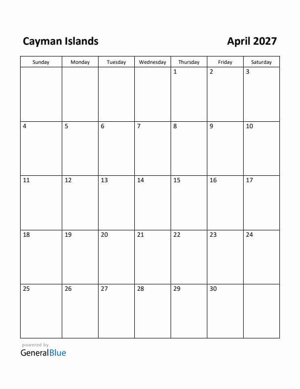 April 2027 Calendar with Cayman Islands Holidays