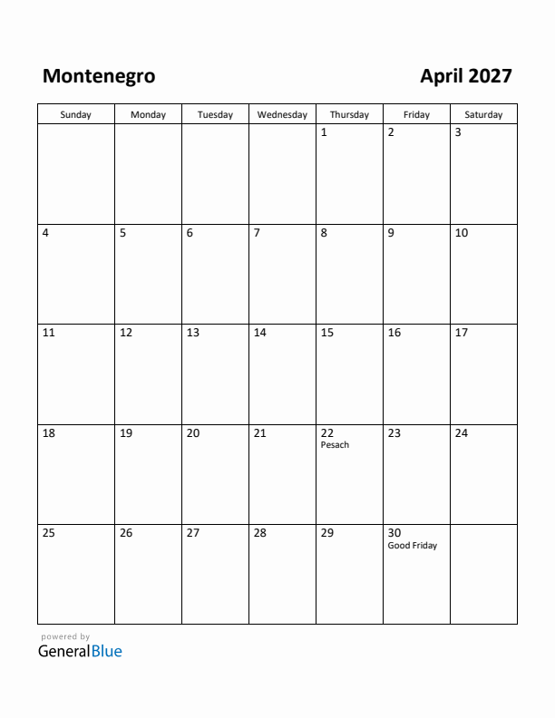 April 2027 Calendar with Montenegro Holidays