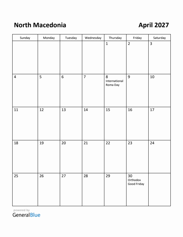 April 2027 Calendar with North Macedonia Holidays